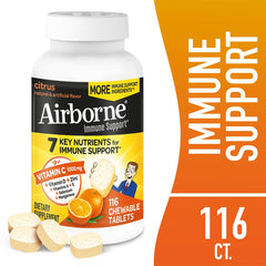 Airborne vitamin C zinc tablets close-up, bold citrus flavor.