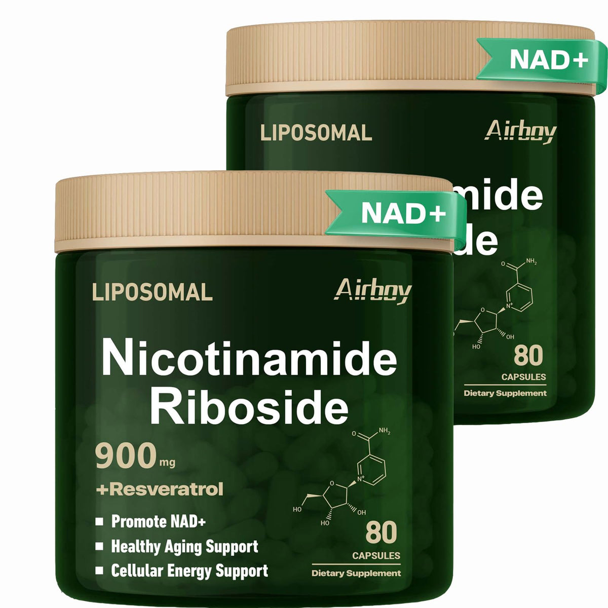 Airboy Liposomal Nicotinamide Riboside 900 mg bottle front view, signaling energy support potential.