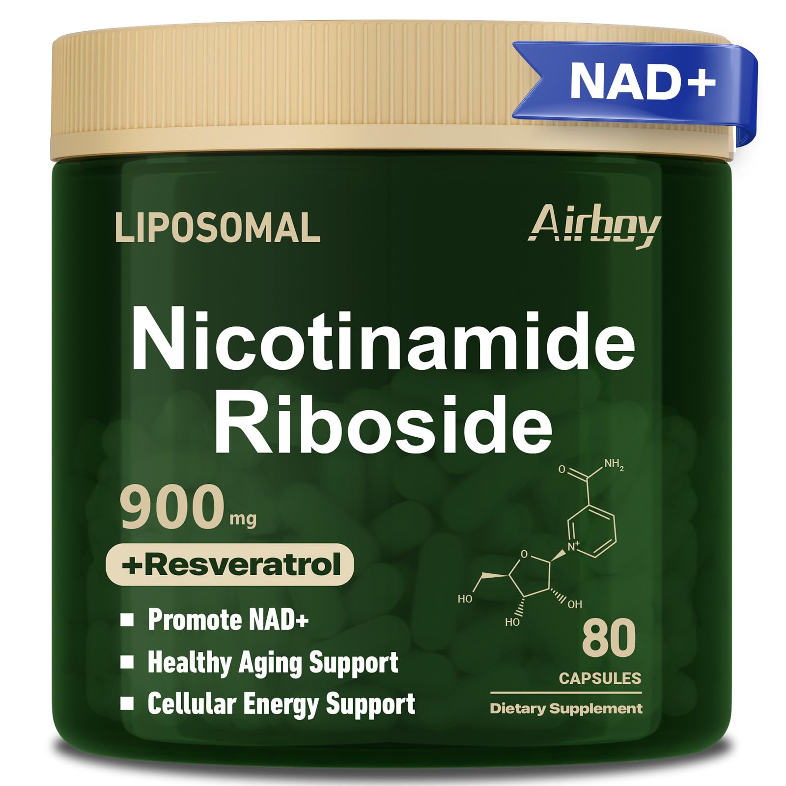 Airboy NADPlus bottle front shows 80 capsules for daily vitality.