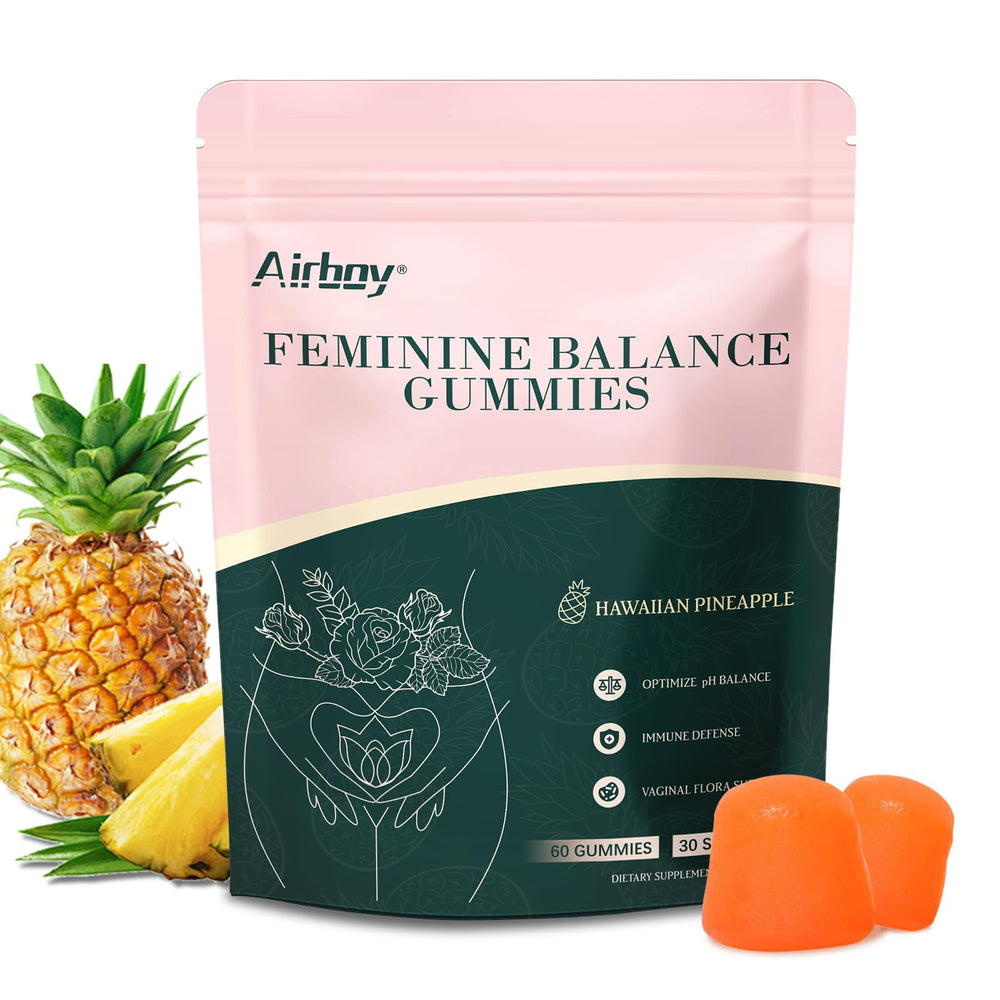 Airboy pineapple probiotic gummies bottle front for daily feminine balance