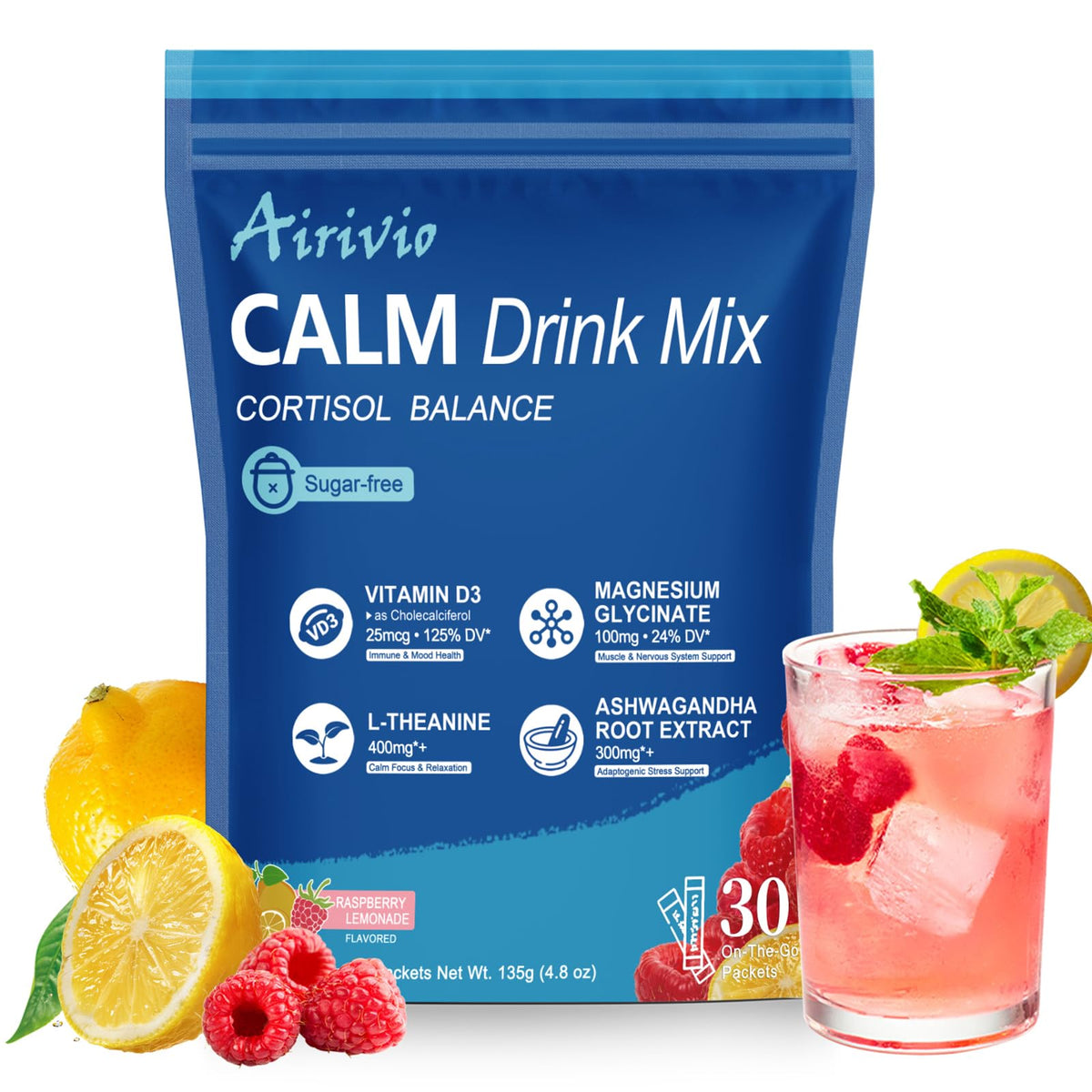 Airivio Super Cortisol Drink packaging for easy, on-the-go stress support.
