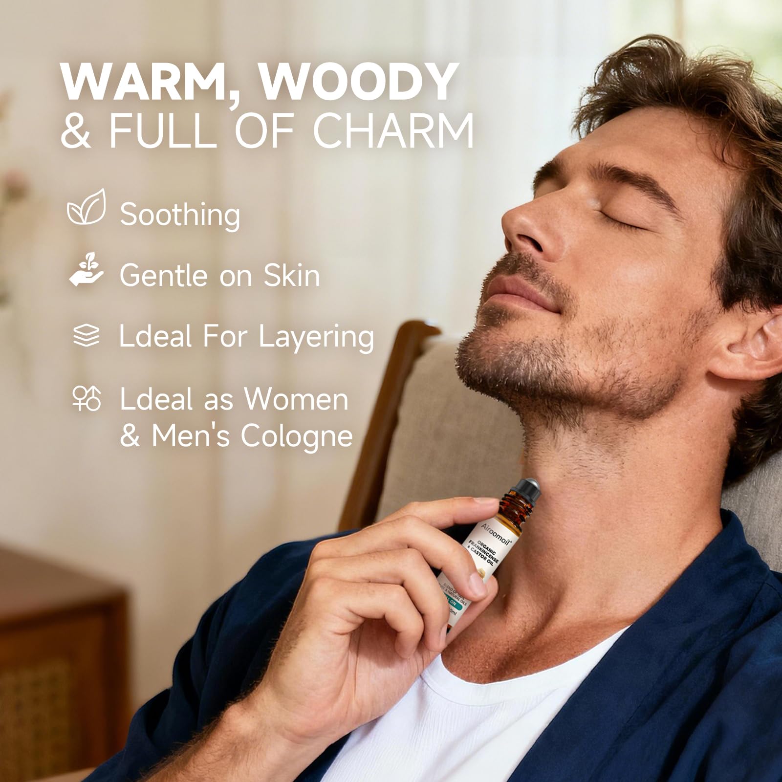 airoomoil Castor & Frankincense Roll-On rollerball provides precise under-eye application.