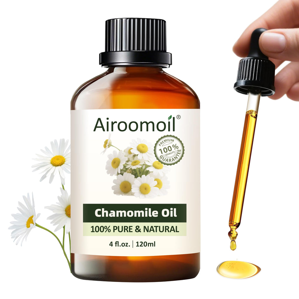 Airoomoil Chamomile oil bottle showing pure Roman chamomile for calming aromatherapy