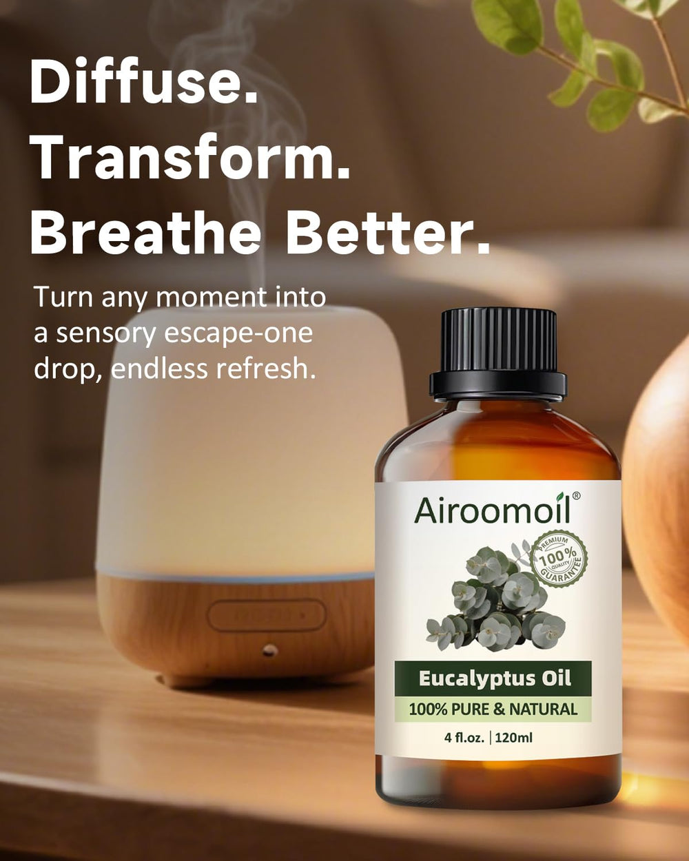 Airoomoil Eucalyptus deodorizes trash areas with a vibrant, green fragrance.