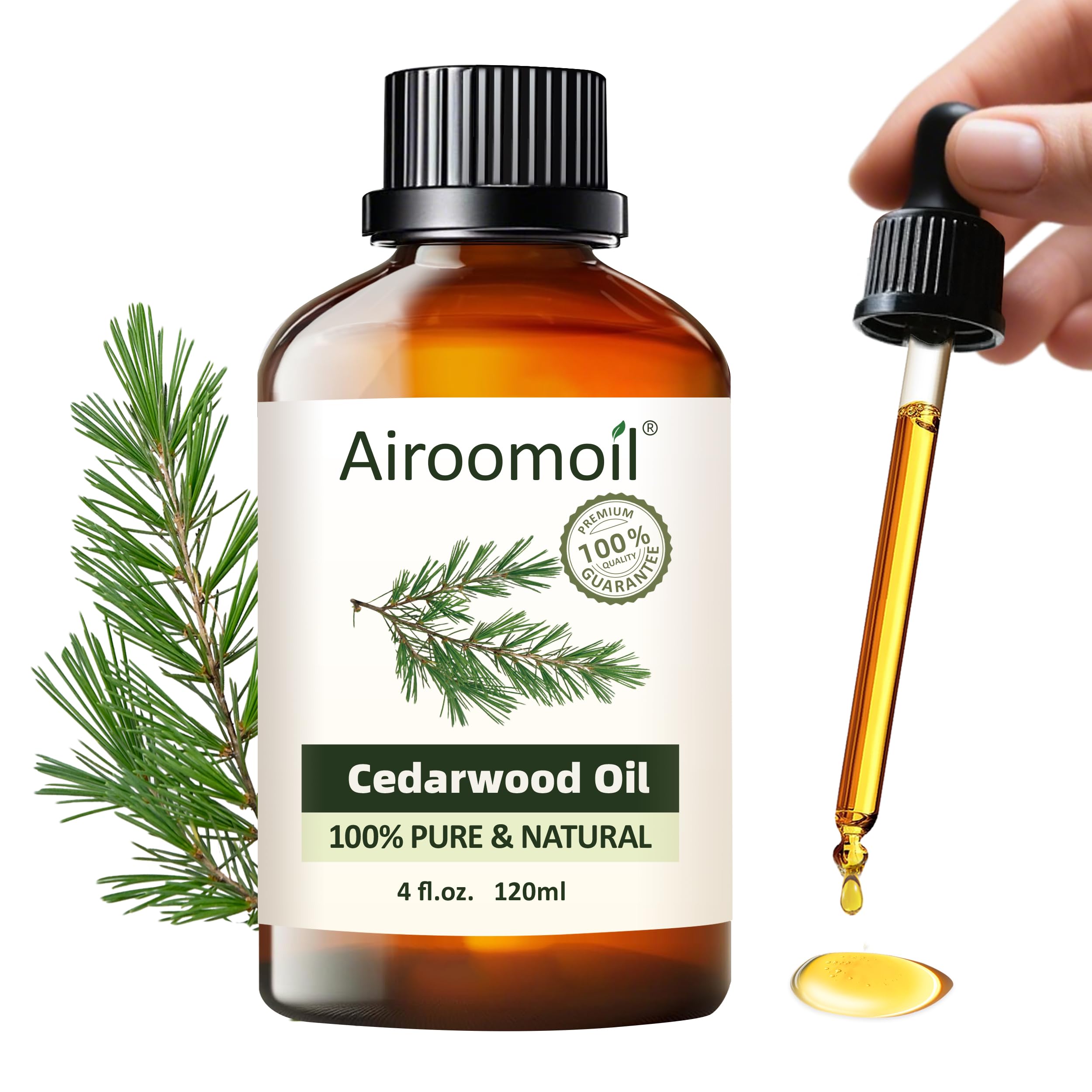 Airoomoil Pure Cedar Oil bottle with warm, woodsy notes ideal for home diffusion.