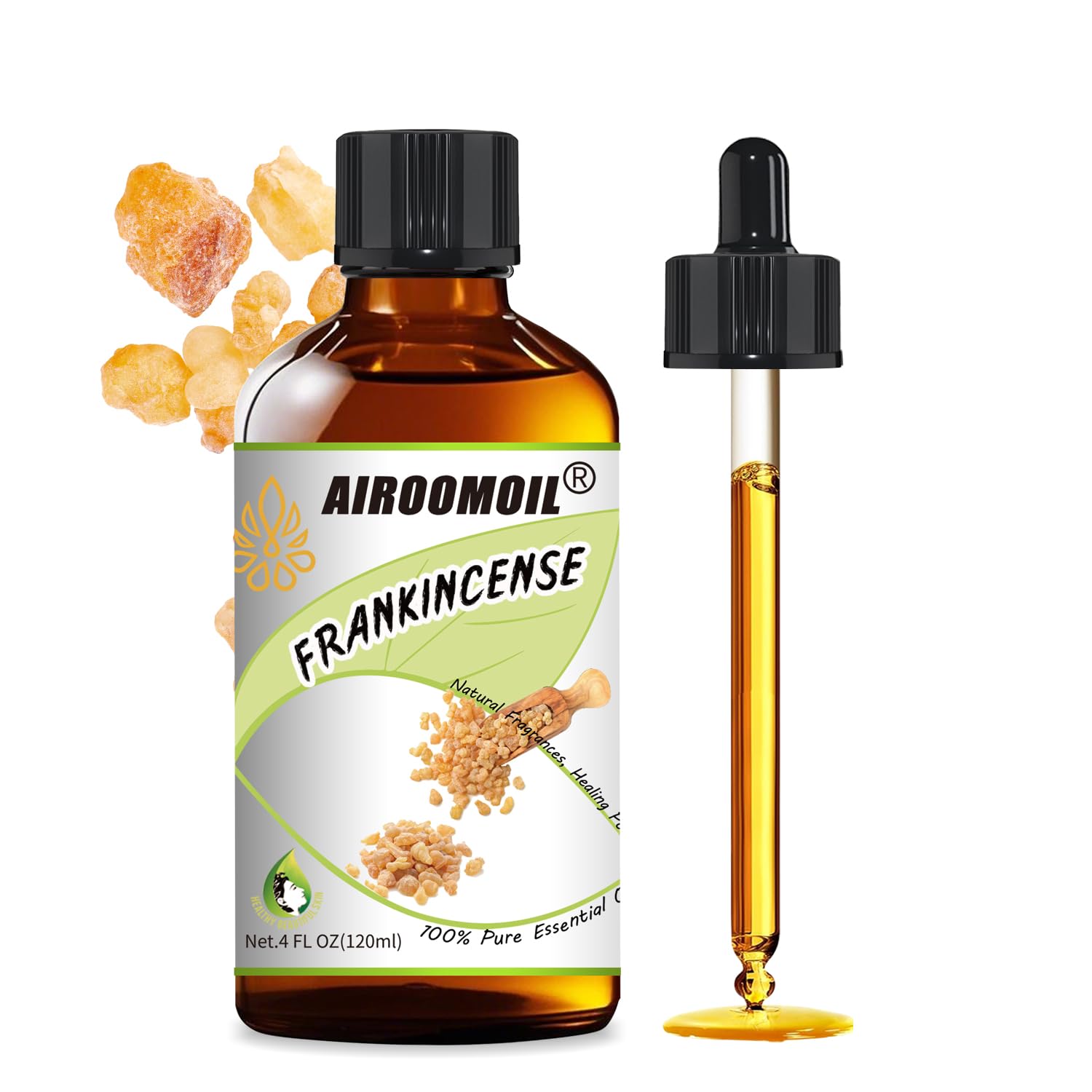 Airoomoil Pure Frankincense bottle, rich aroma for calming spaces.