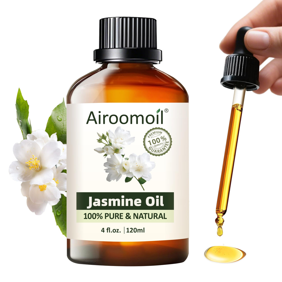Airoomoil jasmine essential oil bottle for diffusers and skin care, calming aroma.