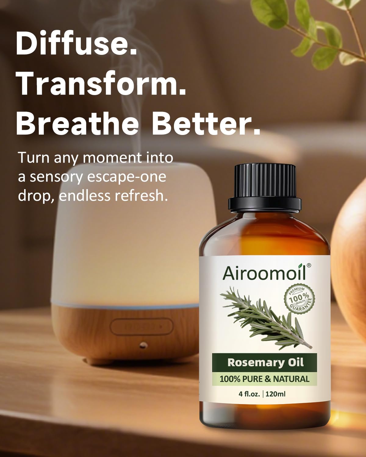 airoomoil Rosemary oil ready for diffuser for calming fragrance.