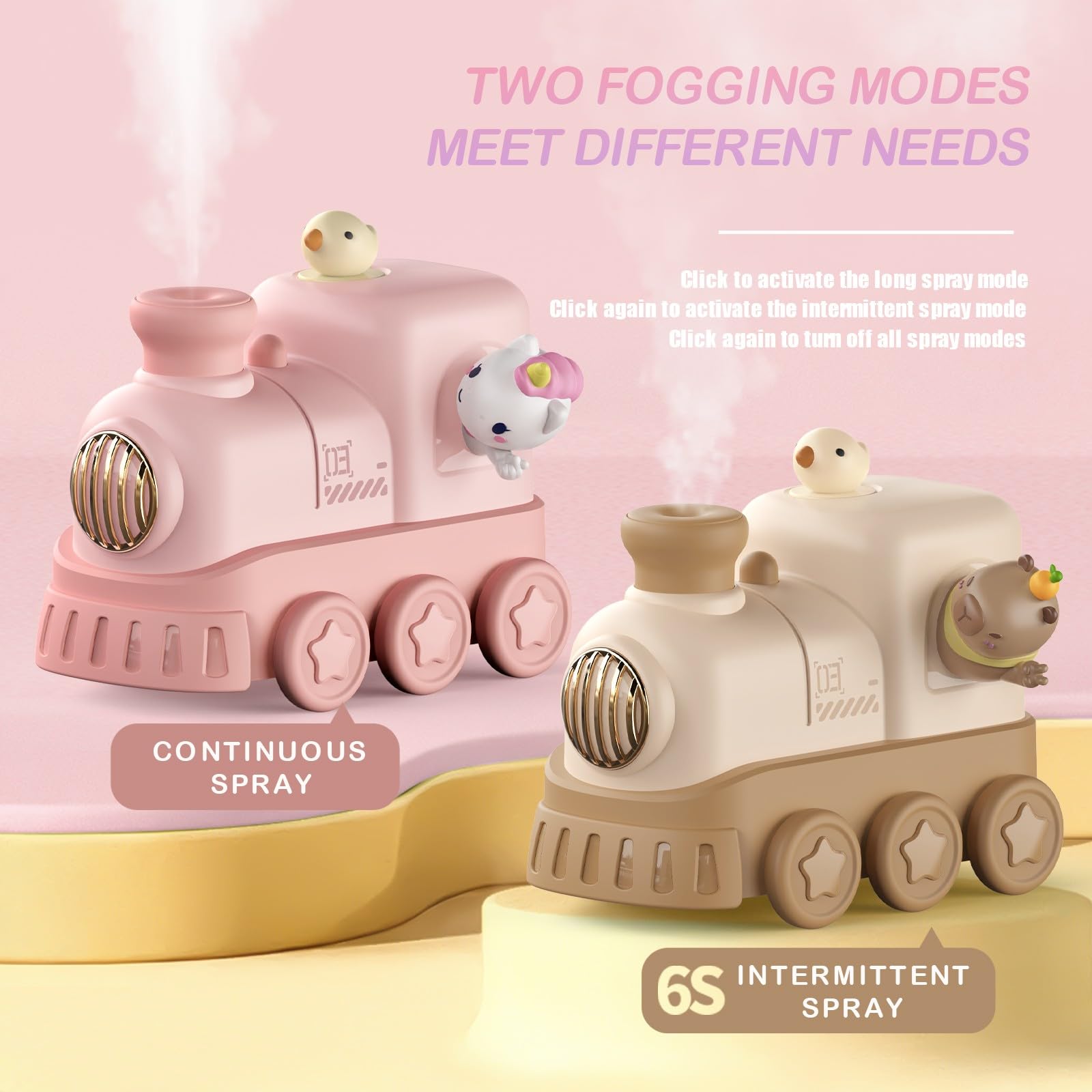 AIRPROSSING Cute Train Diffuser assembly guide image demonstrates setup steps.