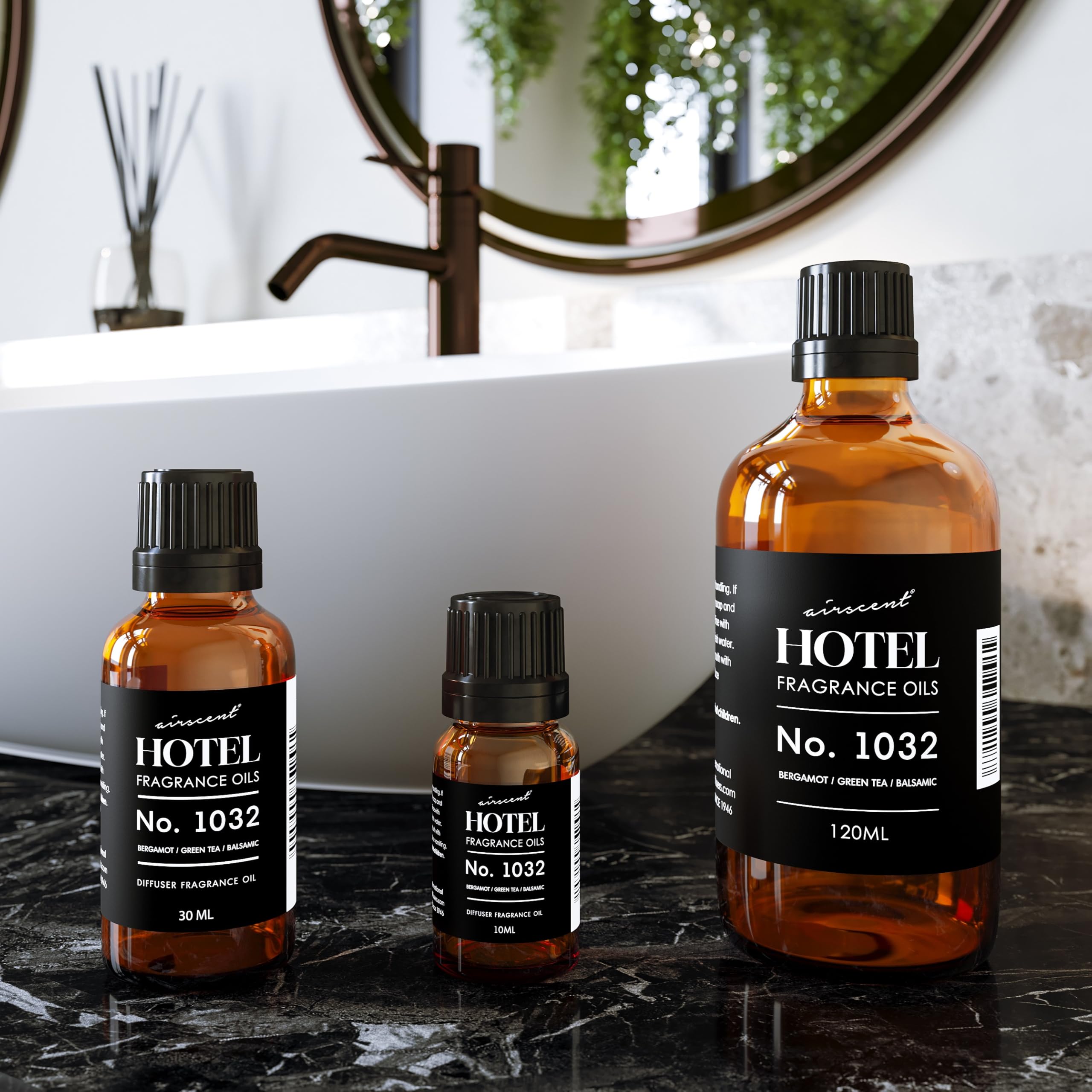 AirScent 1032 glass bottle close-up emphasizes premium, fragrance-rich oil.
