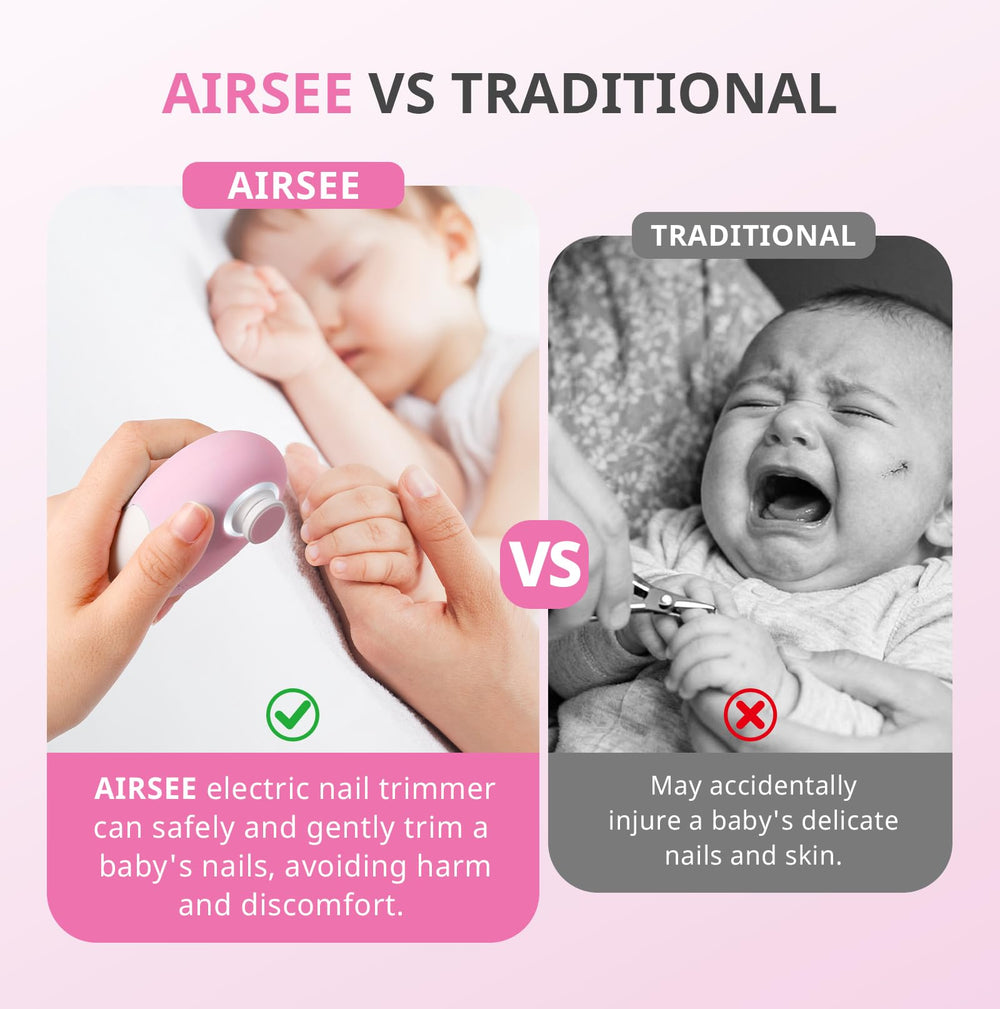 AIRSEE Baby Nail Trimmer magnetic charging base keeps accessories organized.