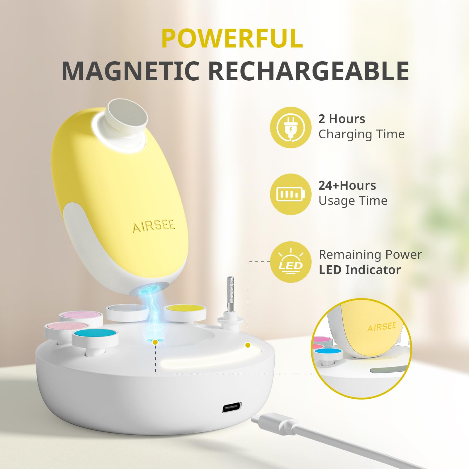 AirSee magnetic charging base keeps the kit organized and ready