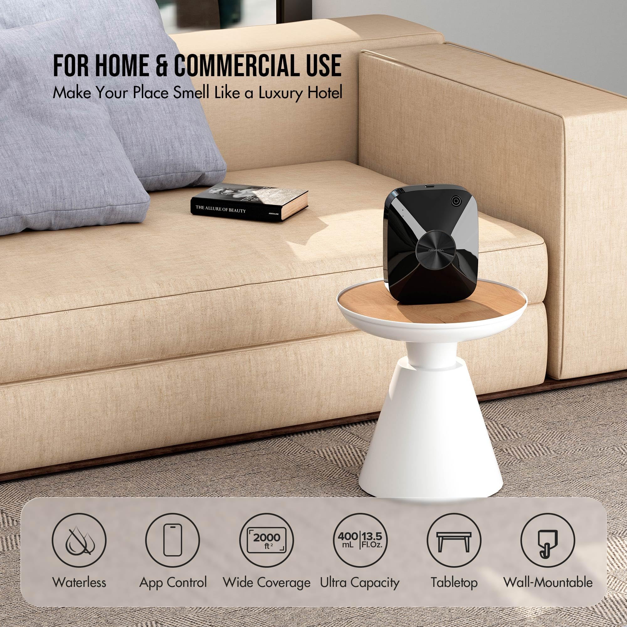 Airversa 400ml oil bottle reduces refills for continuous fragrance.