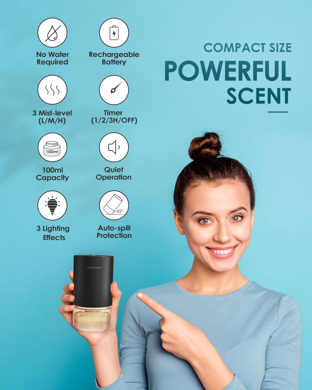 Airversa Desert Titanium diffuser showing battery indicator for extended cordless use.