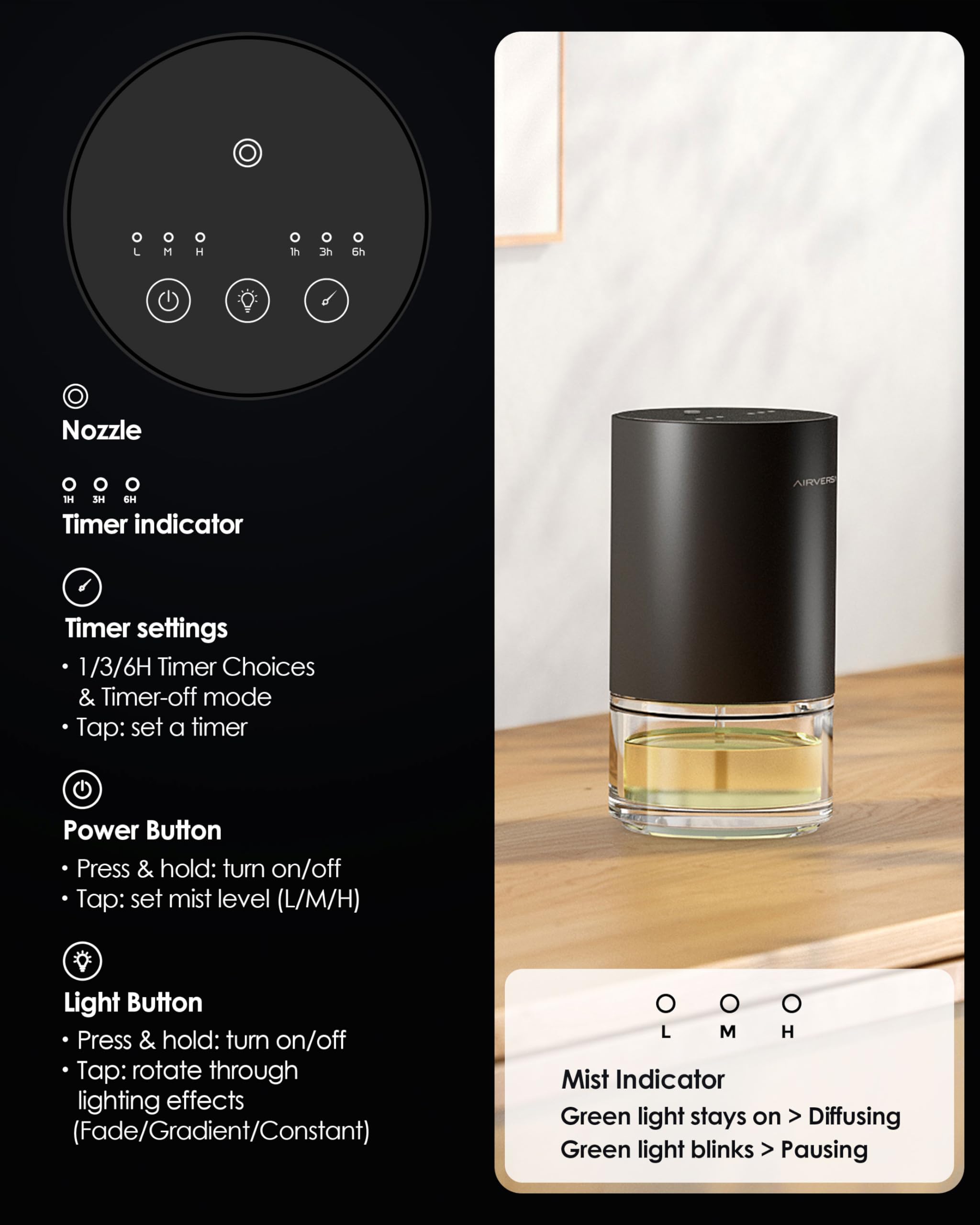 Airversa Desert Titanium diffuser with LED ambient lighting in three color modes.