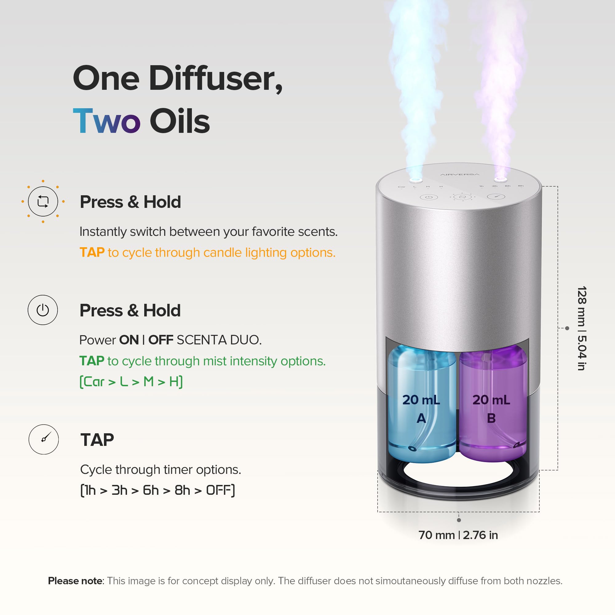 Airversa dual-nozzle diffuser top panel controls; easy touch operation and timer options for precise scent scheduling.