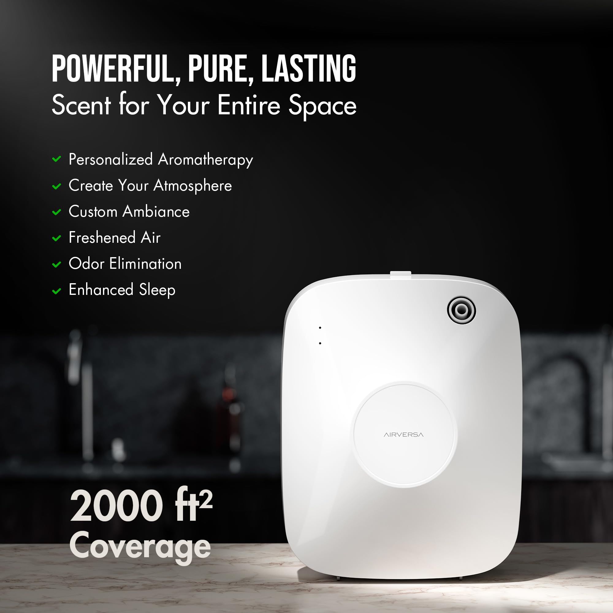 Airversa tabletop diffuser on a desk showing compact placement and easy control