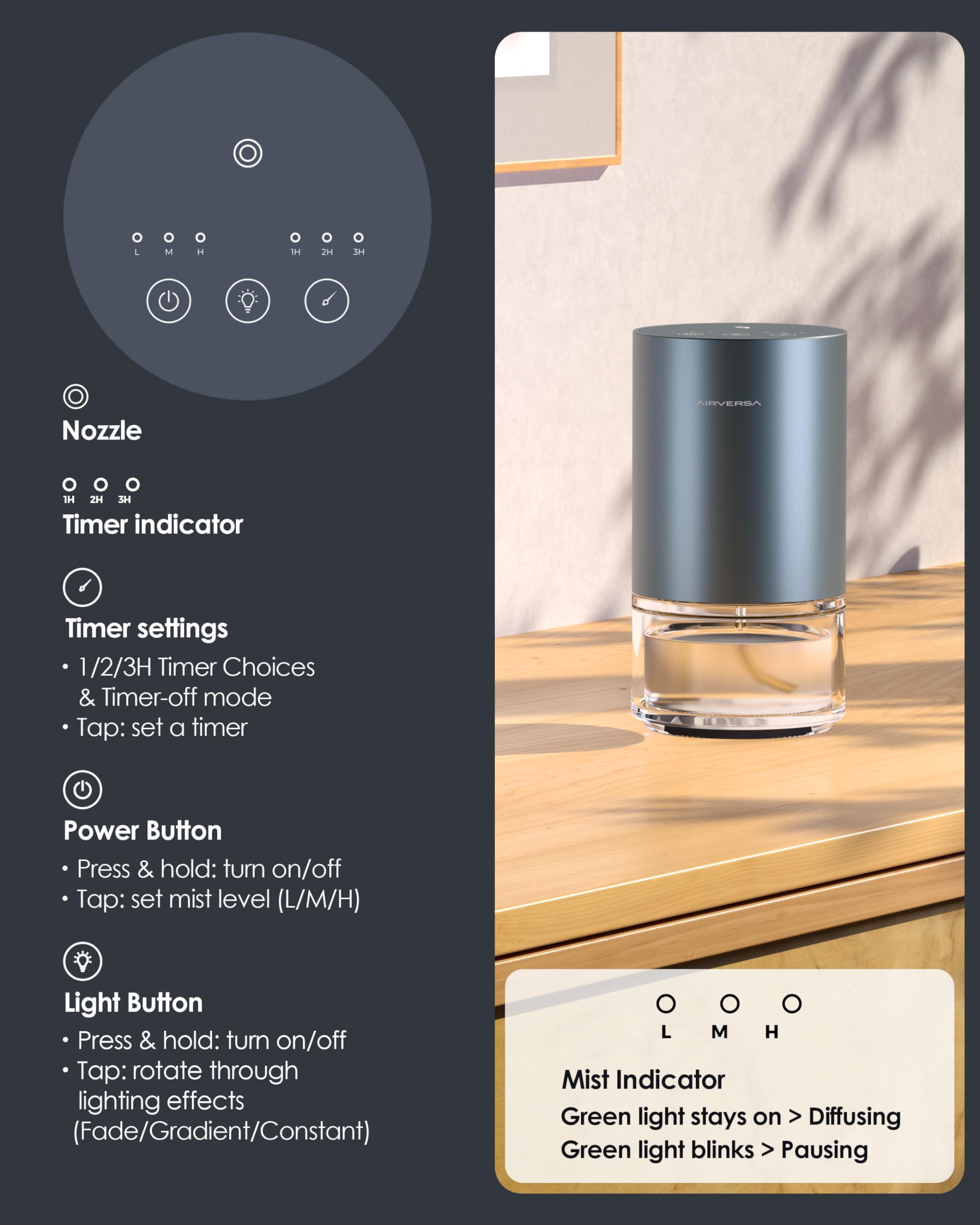 Airversa diffuser offers 3 mist settings for customizable aroma intensity.