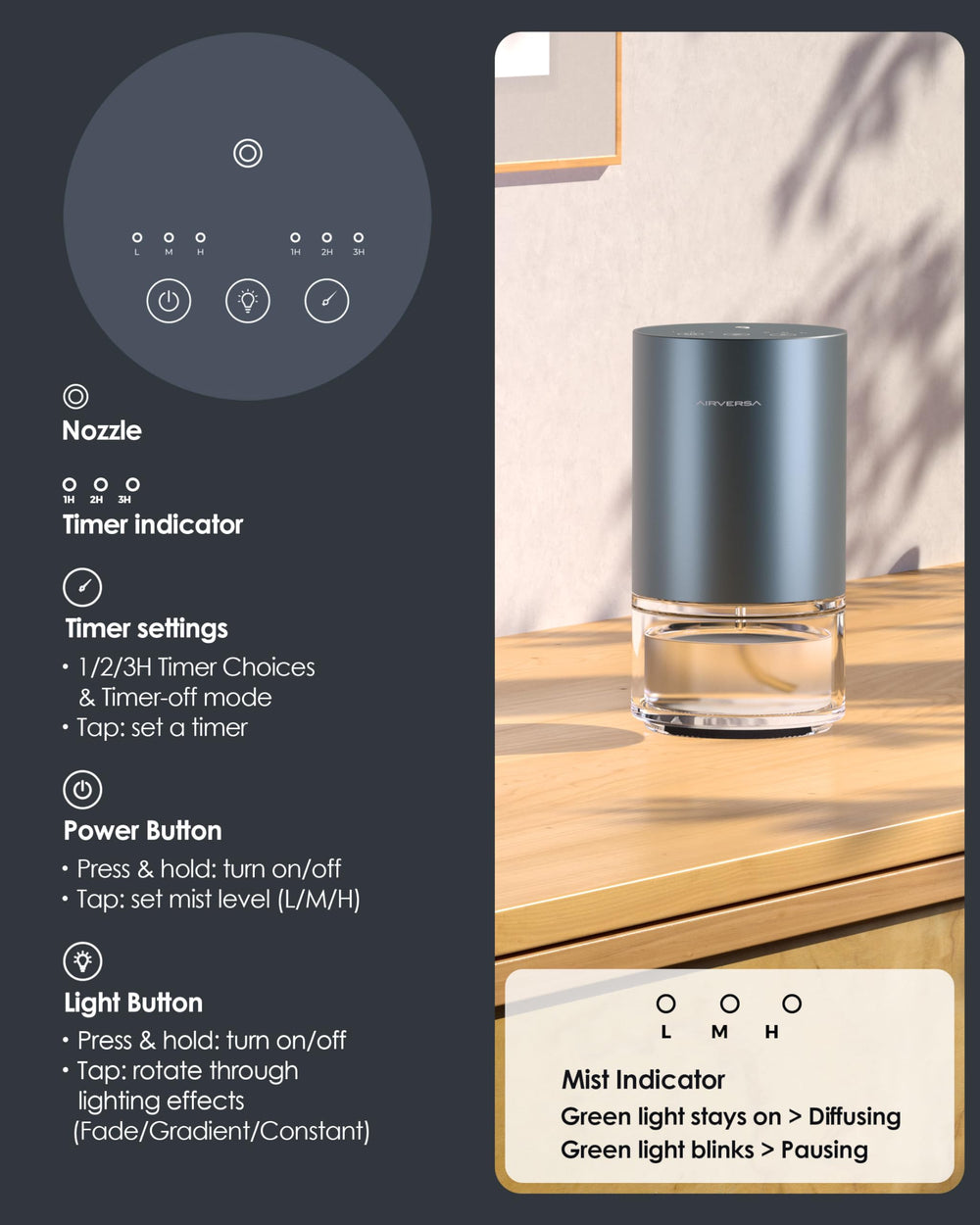 Airversa diffuser offers 3 mist settings for customizable aroma intensity.