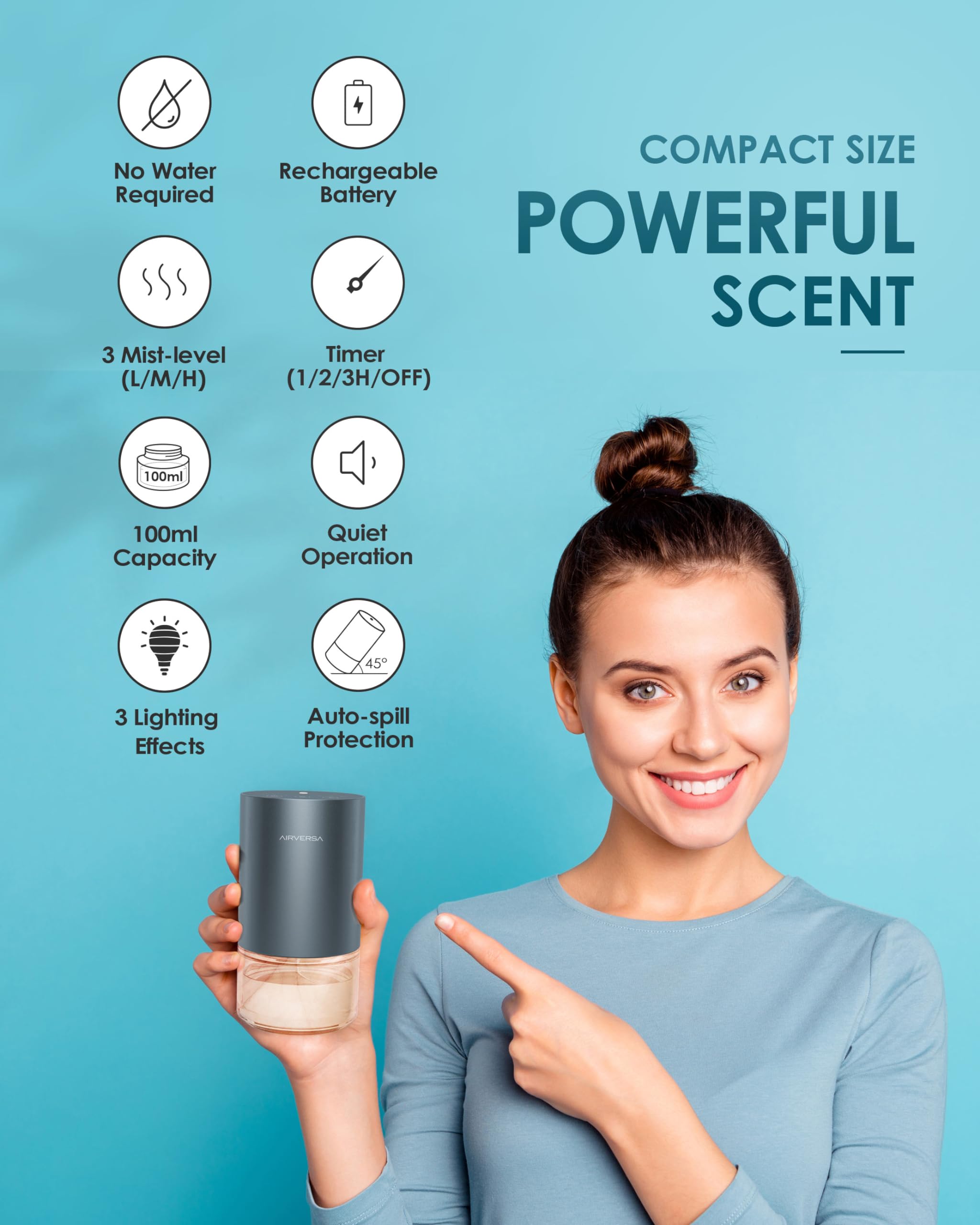 Airversa cordless design enables scent on the go in any room.
