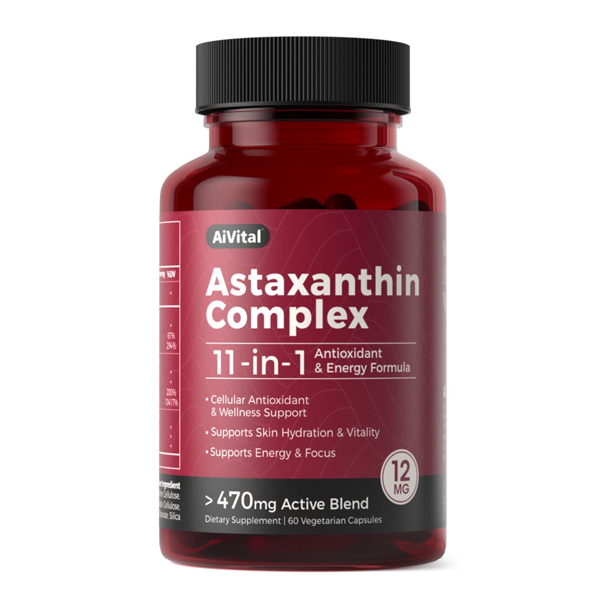 AiVital Astaxanthin 12mg bottle close-up highlighting premium antioxidant support.