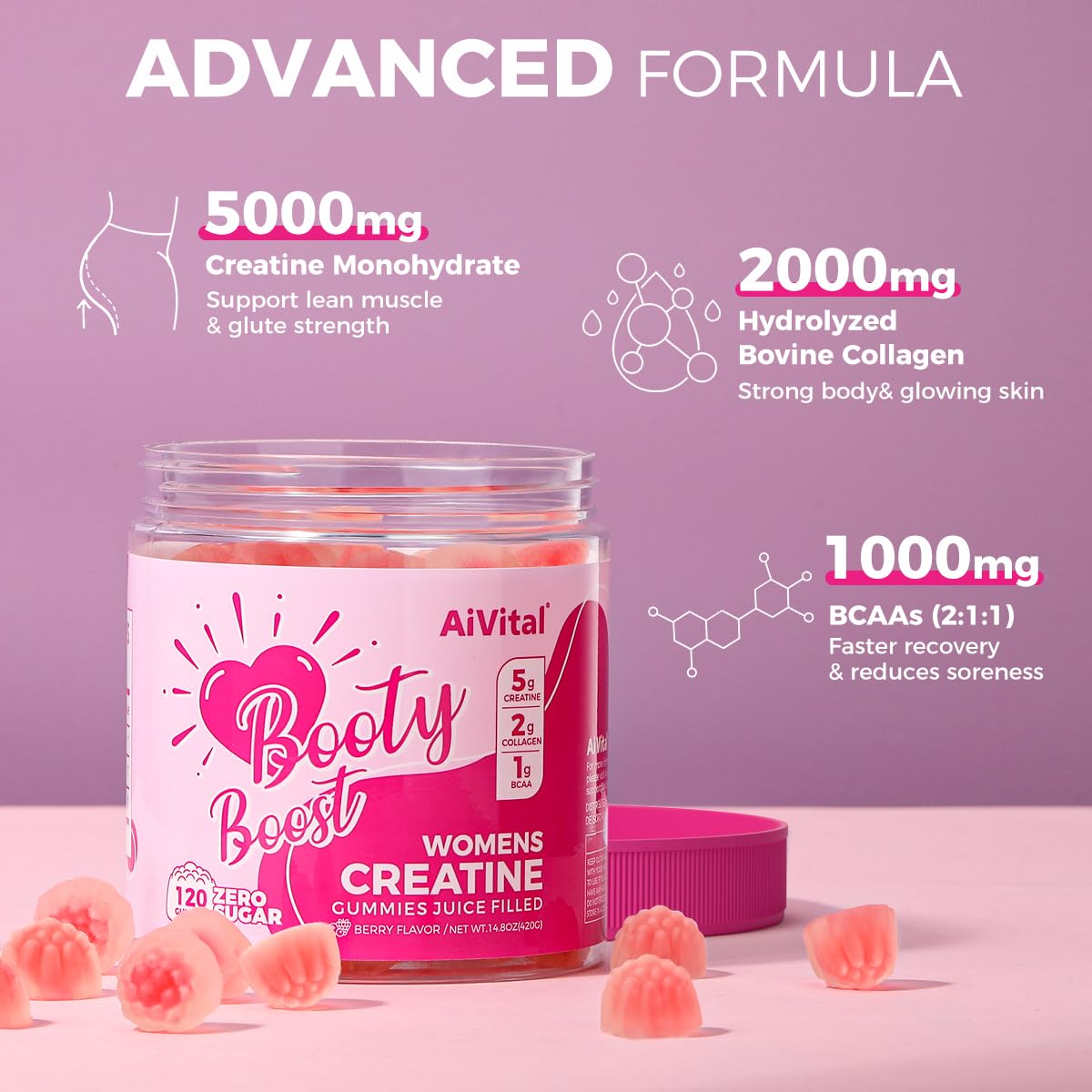 AiVital Creatine Gummies for Women nutrition facts highlighting sugar-free formula.