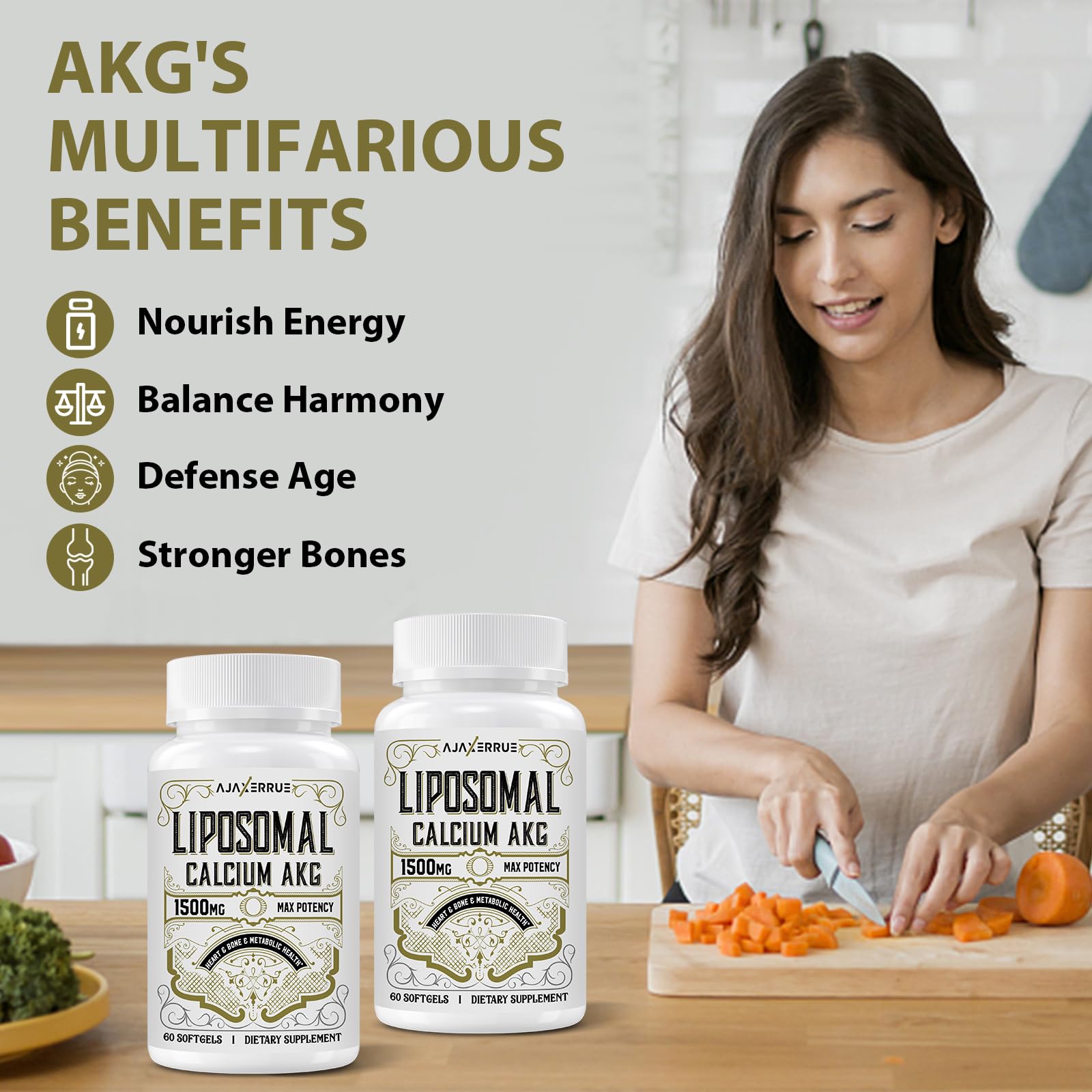 AJAXERRUE Liposomal Ca AKG bottle beside glass of water for easy use.