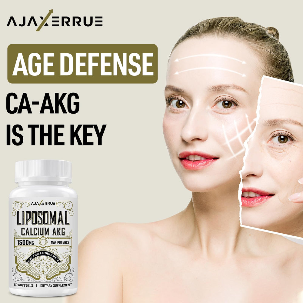 AJAXERRUE Liposomal Ca AKG packaging highlights allergen-free formula.
