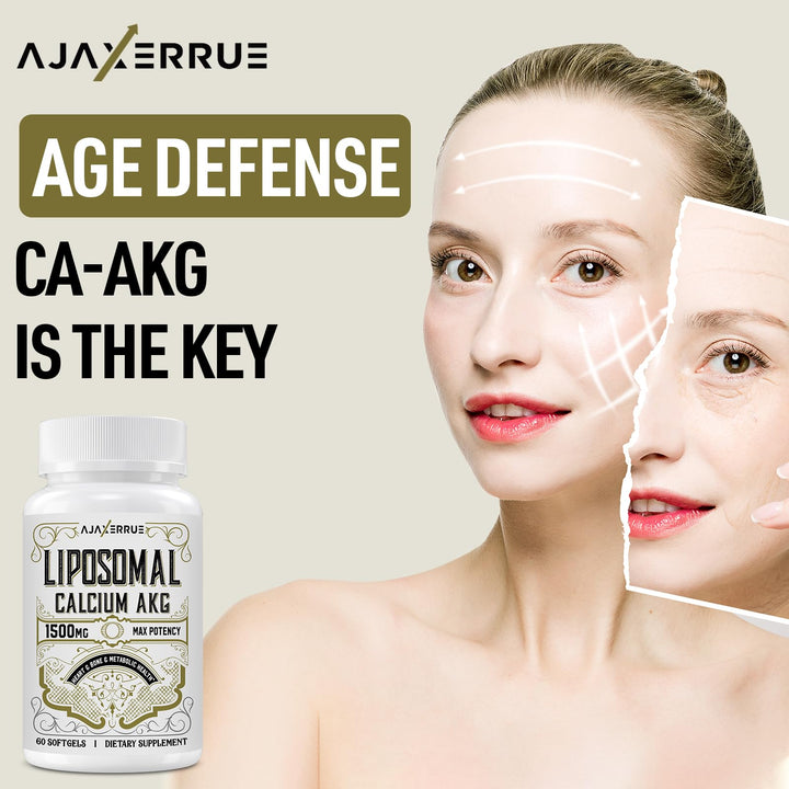 AJAXERRUE Liposomal Ca AKG bottle with glass promotes daily wellness ritual