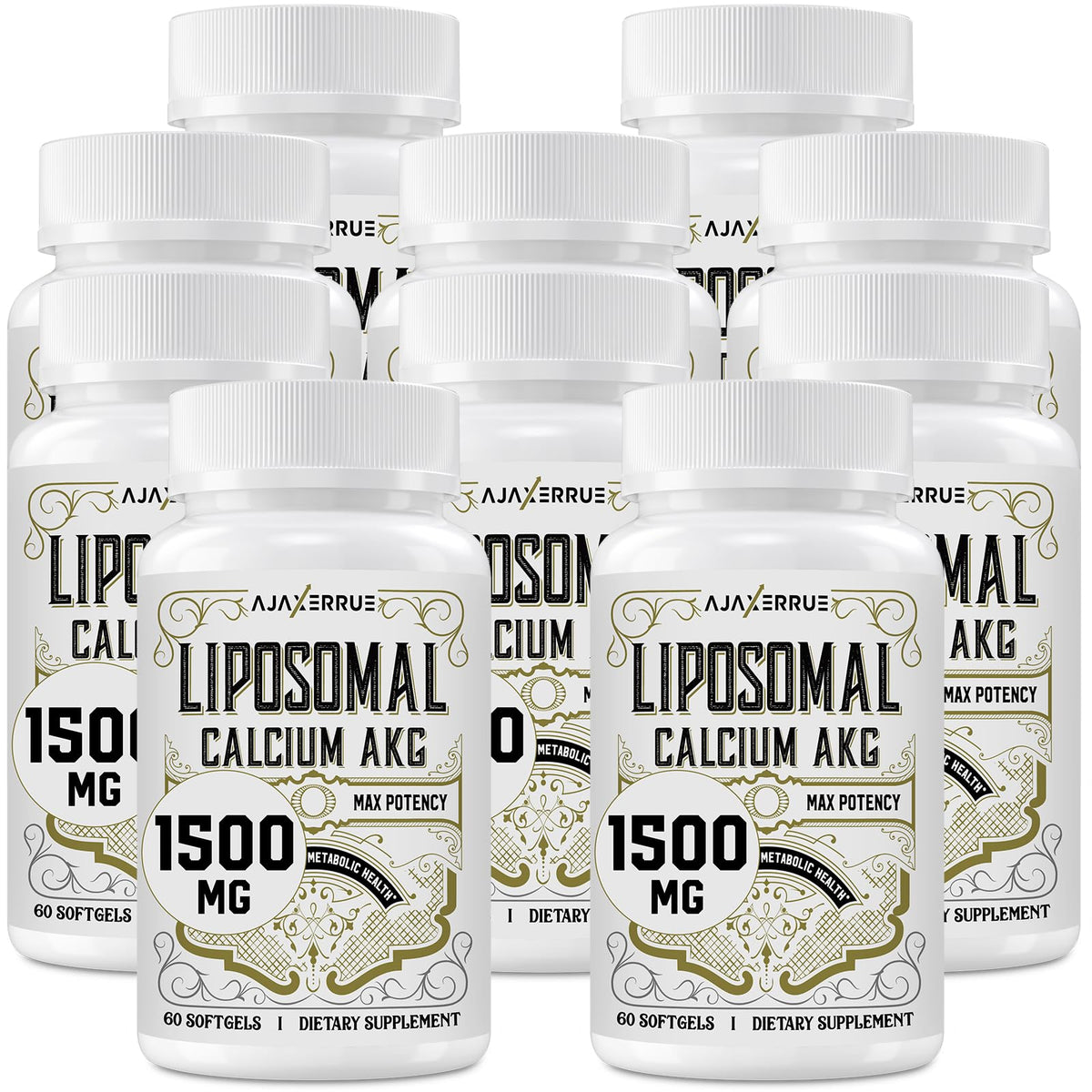 AJAXERRUE Liposomal Calcium AKG bottle-front supports energy balance and overall wellness.