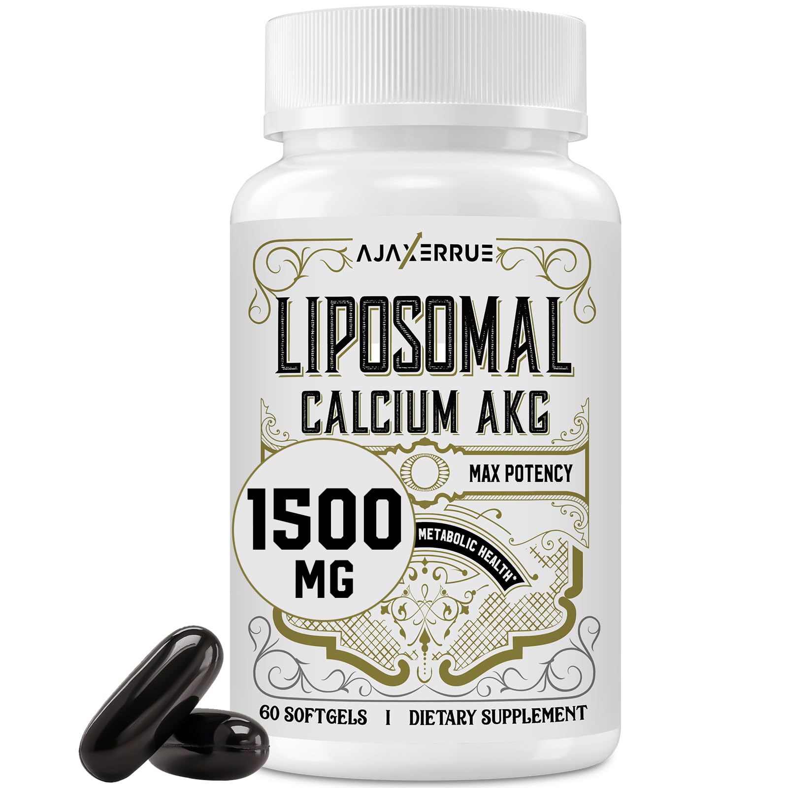 AJAXERRUE Liposomal Calcium AKG bottle showing energy balance support.