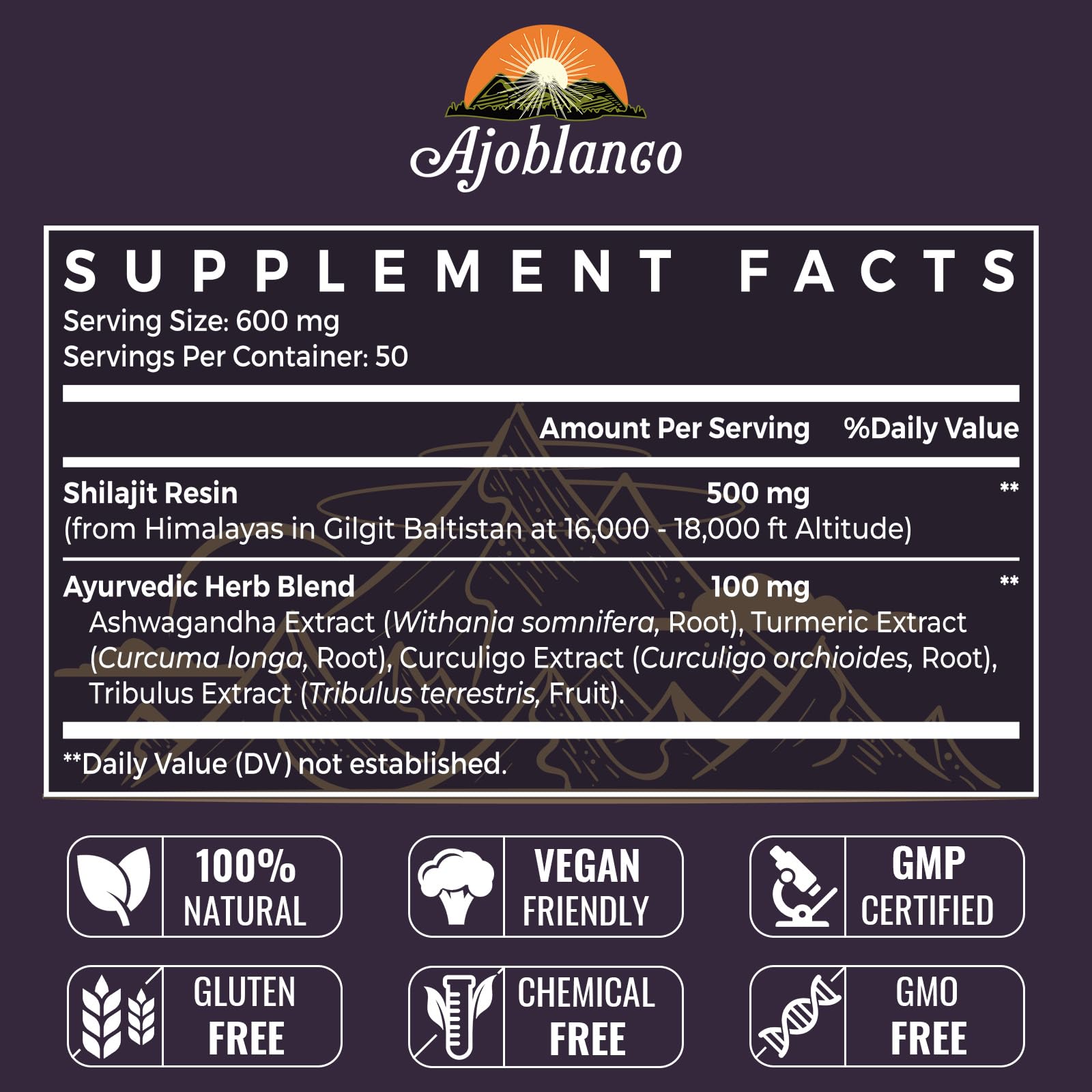 Ajoblanco 600mg Shilajit resin close-up highlights high potency for vitality