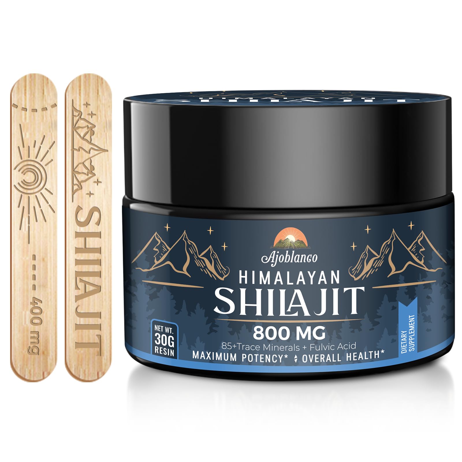 Ajoblanco Himalayan Shilajit Resin 800mg bottle signaling premium purity for daily energy.