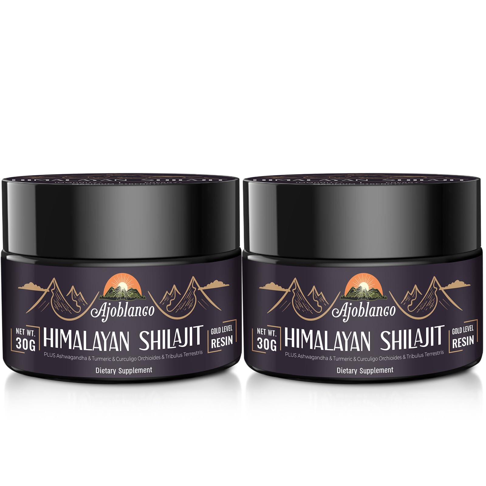 Ajoblanco Shilajit resin bottle highlights pure Himalayan energy support.