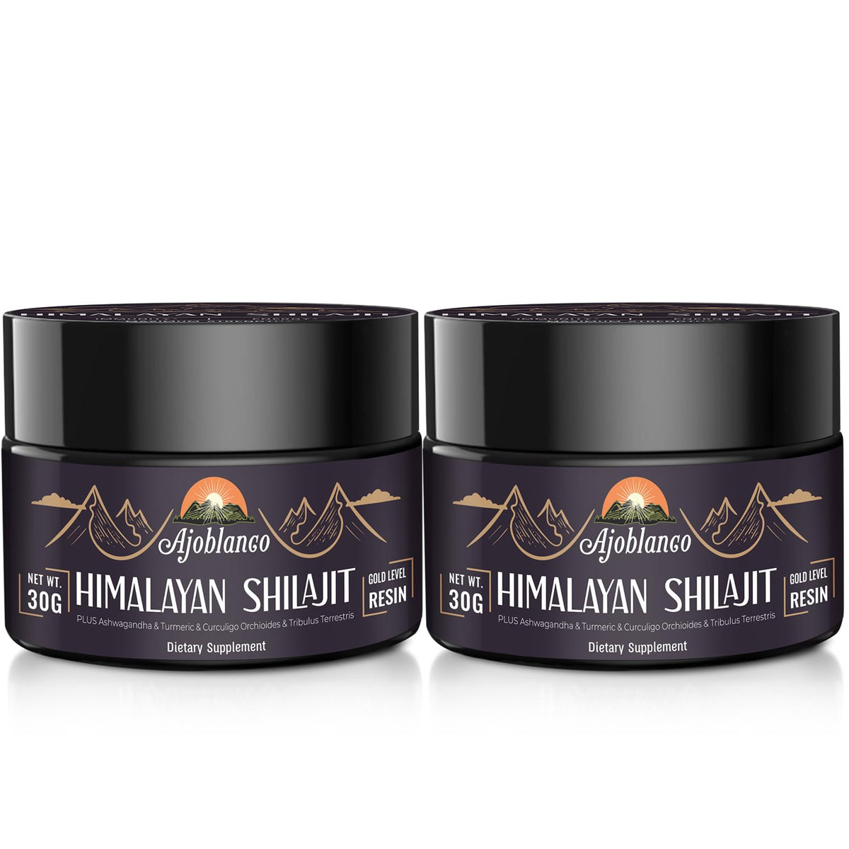 Ajoblanco Shilajit resin bottle highlights pure Himalayan energy support.