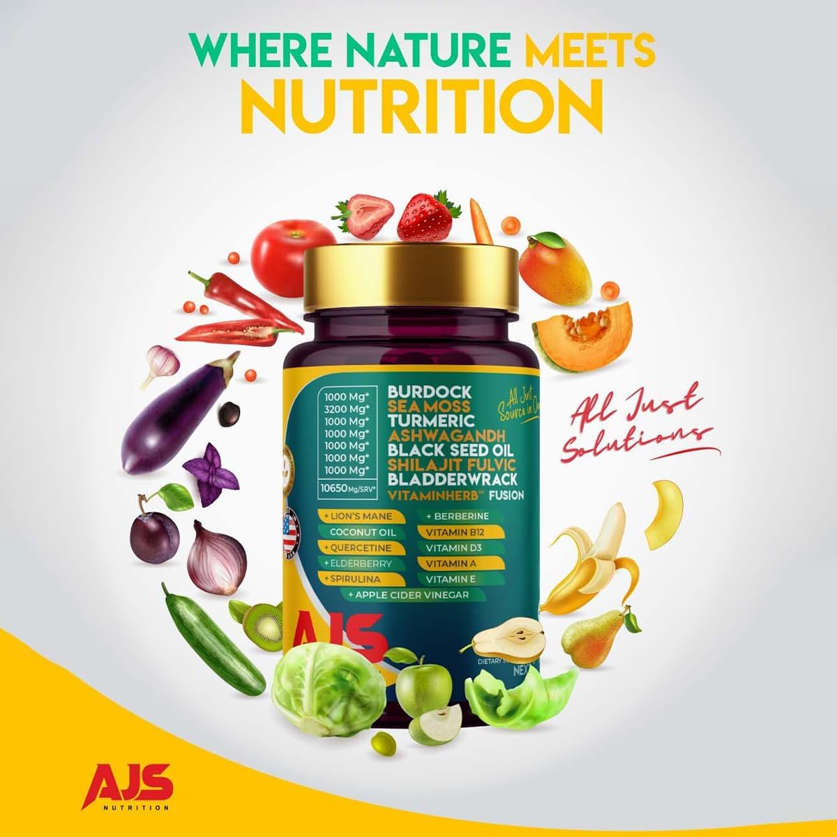 AJS Vitamins panel on bottle signals a comprehensive daily nutrition profile.