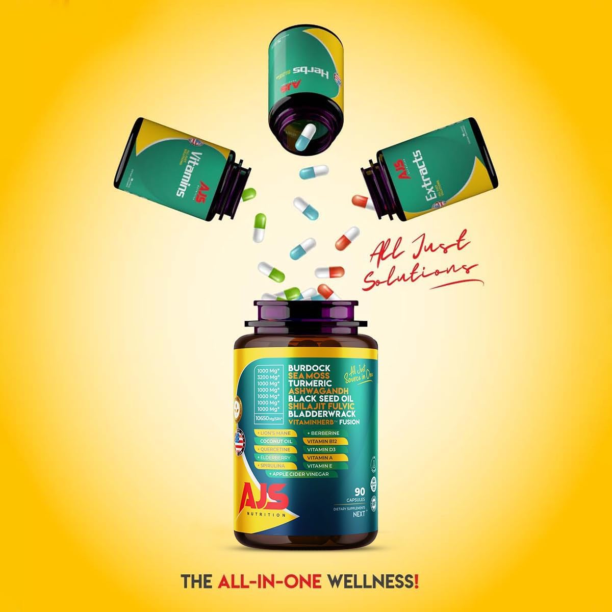AJS Lion's Mane and Elderberry capsules imply cognitive and immune support.