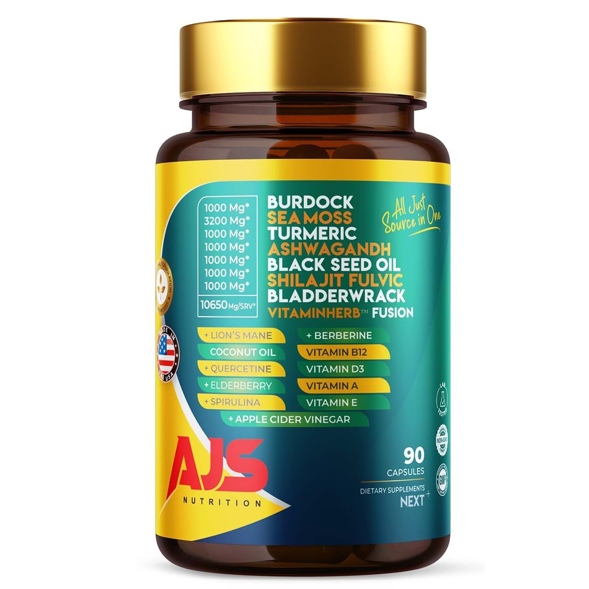 AJS Sea Moss Capsules 3200mg bottle showcases a nutrient-rich blend for daily wellness.