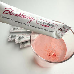 Akam Beauty Marine Collagen Powder Blushberry sachet for flavorful daily beauty ritual.