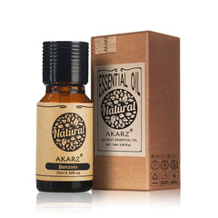 AKARZ Benzoin Essential Oil in a dark glass bottle for pure aroma and skin care.