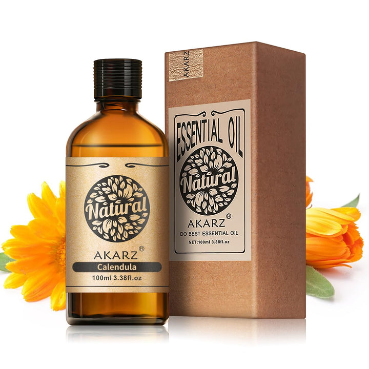 AKARZ Calendula Oil bottle scene, ideal for soothing skin and DIY blends.