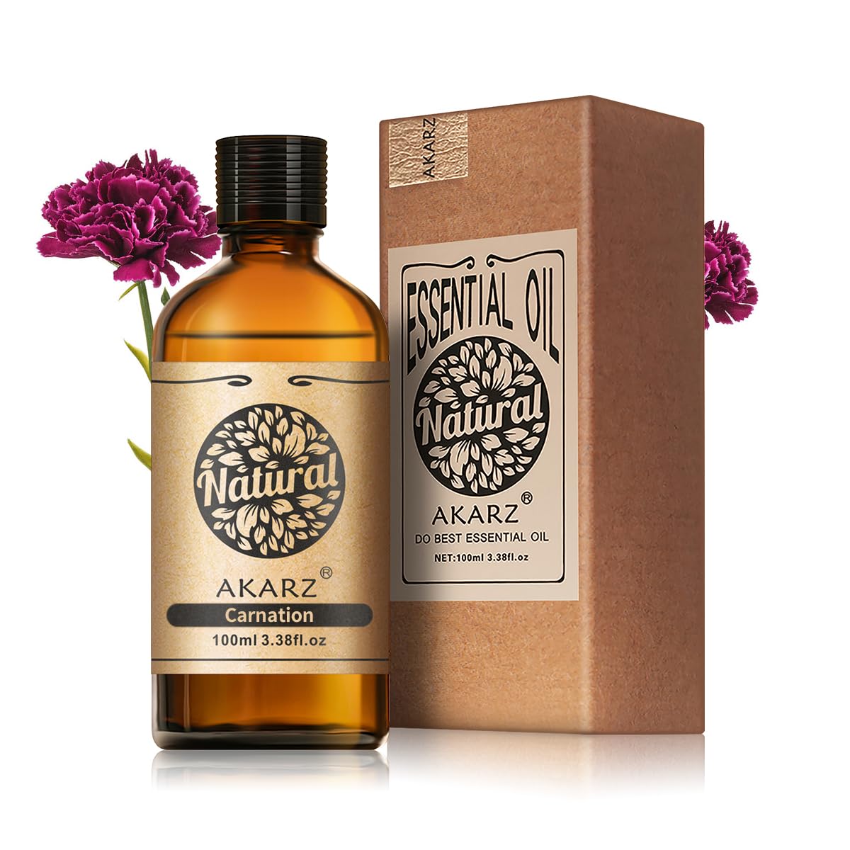 AKARZ Carnation Essential Oil bottle in amber glass preserves aroma for long-lasting diffusions.