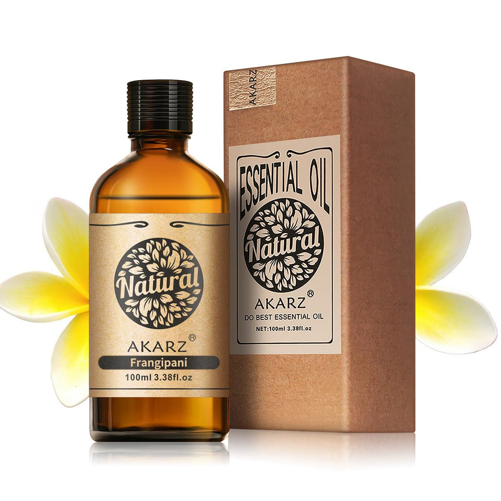 AKARZ Frangipani essential oil in a 100ml bottle for aromatherapy sessions.