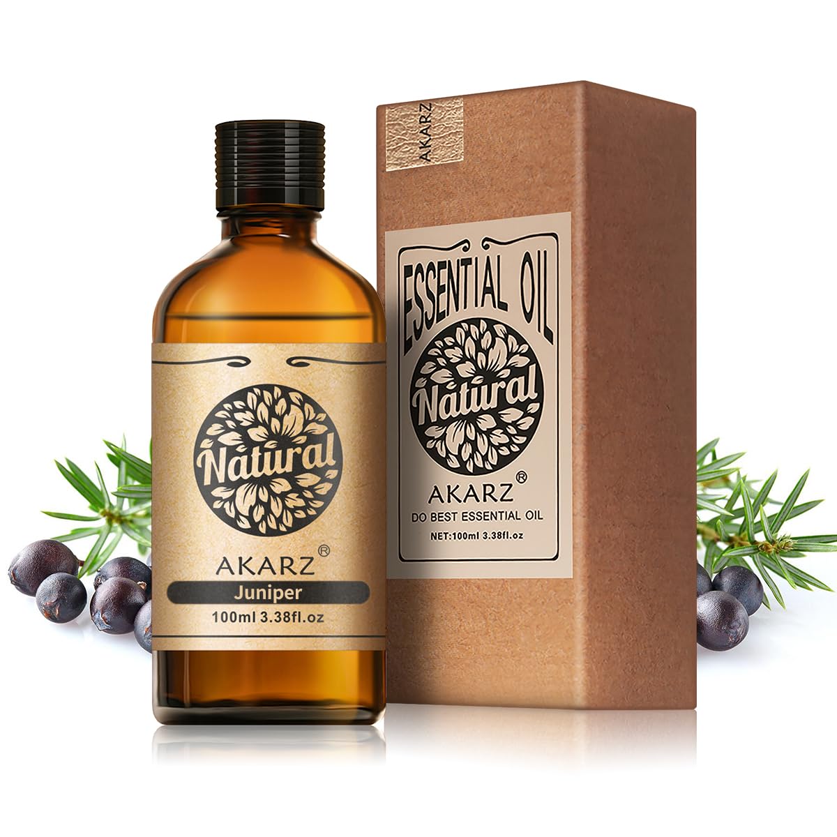 AKARZ juniper essential oil bottle preserves potency for long-lasting aromatherapy.
