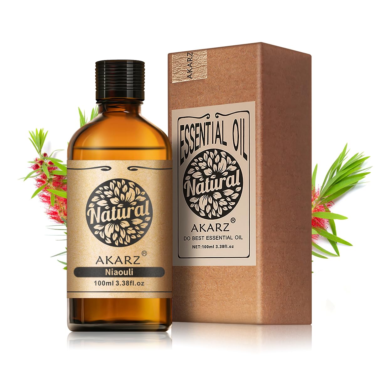 AKARZ Niaouli oil bottle in amber glass preserves potency and aroma.