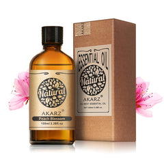AKARZ Peach Blossom Essential Oil bottle in amber glass, preserving aroma for DIY skincare.