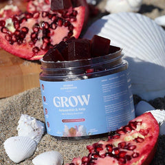 Akasha Grow Hair Gummies ingredients panel highlights key nutrients.