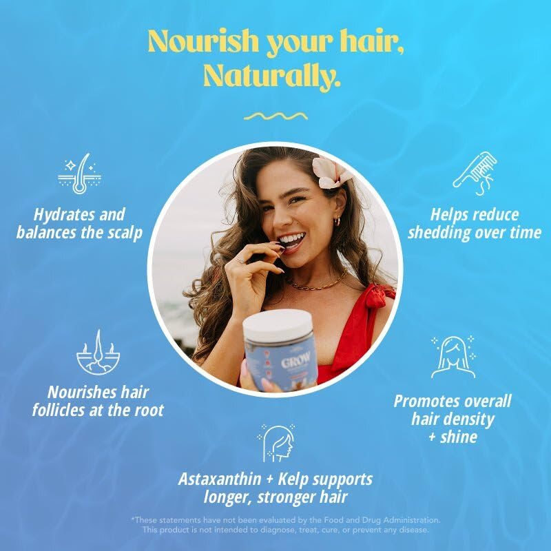 Akasha Grow Hair Gummies label close-up highlighting vegan and gluten-free ingredients.