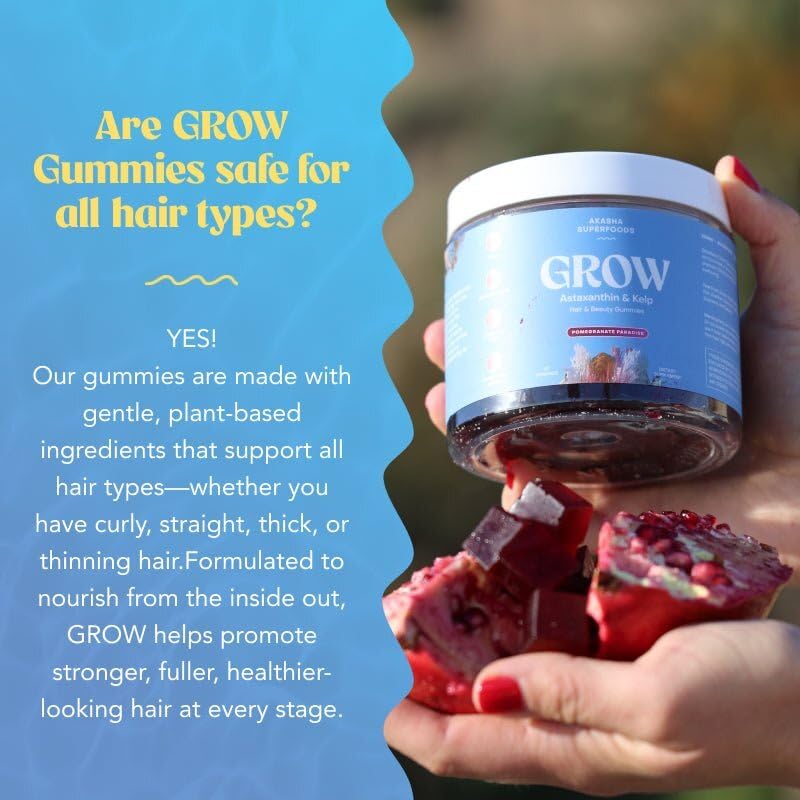 Akasha Grow Hair Gummies vegan gluten-free badge emphasizes clean wellness.