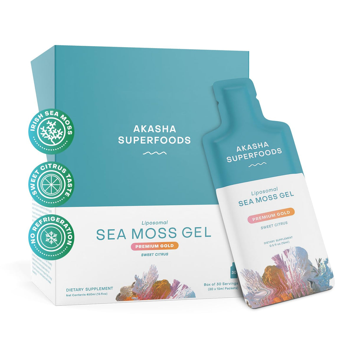 Akasha Superfoods liposomal sea moss pouch for convenient daily energy support and digestion.